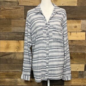 Maurices Gray and White Striped Women's Button Down Shirt